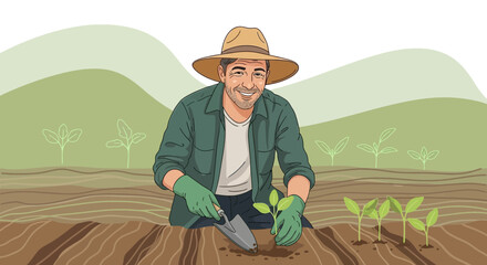 Farmer planting seeds in the garden to grow new plants with happy expression on face