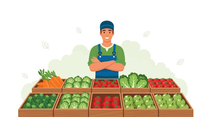 Farmer Stands Proudly Beside His Fresh, Vibrant Fruits And Vegetables Display