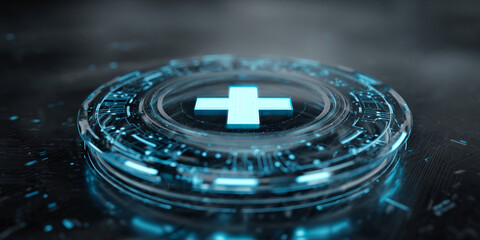 Futuristic glowing medical cross hologram symbol in digital healthcare technology concept - AI generated