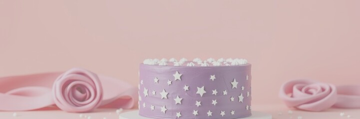 Purple cake decorated with stars and pink fondant roses on a pastel background for a special celebration - Low Contrast