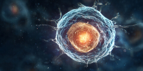 Abstract glowing biological cell structure in microscopic scientific visualization - AI generated