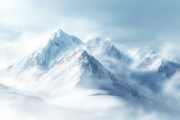 Obraz premium Majestic snow-covered mountains surrounded by mist during a serene winter morning in a remote alpine landscape