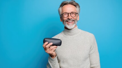 Smiling Senior Man Holding Glasses Case on Blue Background