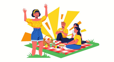 Group of friends having a picnic in the park, leisure and outdoor activities