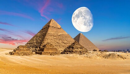 Pyramids of Giza under a full moon at sunset in the Egyptian desert.