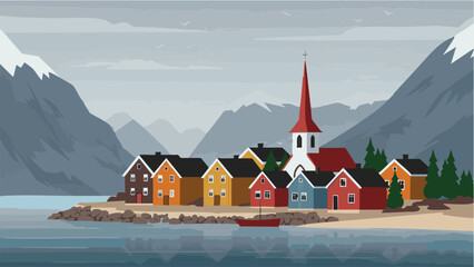 Scandinavian Harbor Town Nestled Between Fjords and Rugged Mountains