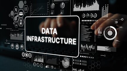 Technology Background with Data Infrastructure and Graphical User Interface Elements for Digital Analytics and Information Processing. Asymptotic smart data analytic.