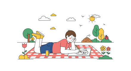 Obraz premium Happy Boy Drawing Nature Artwork Outline On A Picnic Blanket Outdoors During Daytime