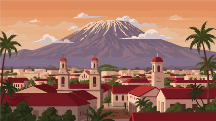 East African Cityscape with Mount Kilimanjaro in Background.