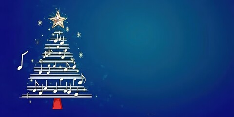 Blue background with Christmas tree made of musical notes, in style of white color vector illustration, minimalistic and elegant.