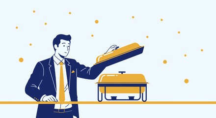 Formal Clad Man Reveals Served Food, Catering Presentation, Buffet Meal Displayed