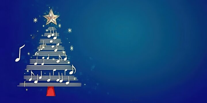 Blue background with Christmas tree made of musical notes, in style of white color vector illustration, minimalistic and elegant.