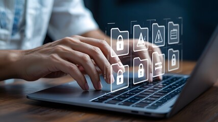 Hands Typing on Laptop with Digital File Security Icons data files