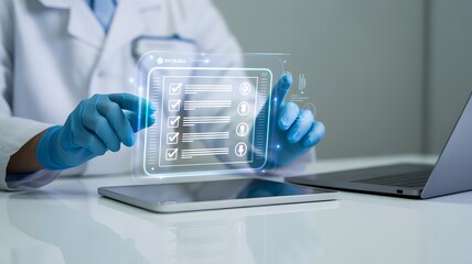 Fototapeta premium Healthcare professional in gloves using a digital medical checklist doctor nurse