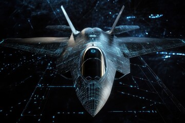 Futuristic fighter jet design with digital interfaces and advanced technology elements