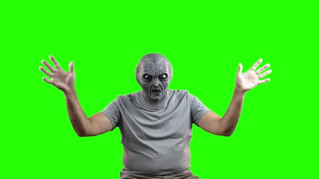 An alien gives the mind blown meme gestures. Green screen. 14856  	