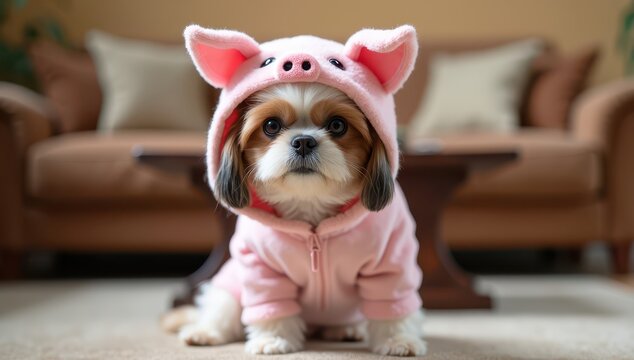 Shitsu dressed as a pig at home