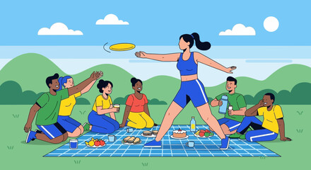 Friends Enjoying Outdoor Leisure Activities During a Sunny Day with Frisbee