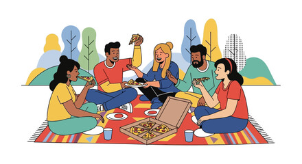 Friends Enjoying Pizza Outdoors During a Relaxed Gathering in Nature