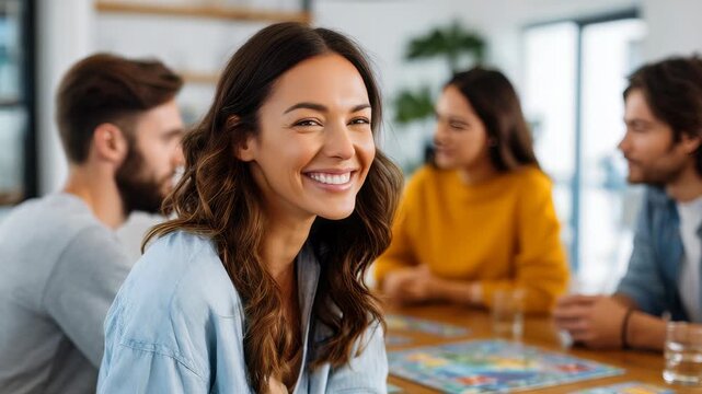 A happy young woman sits at a table with friends, playing a board game in a stylish home interior. The group enjoys quality time together, creating a warm and inviting social scene