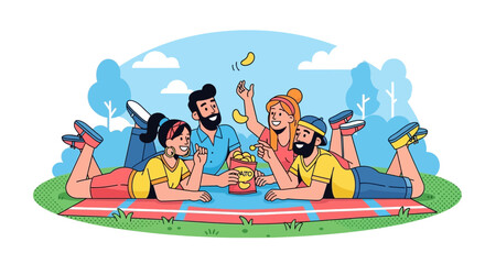Happy Friends Enjoying a Picnic with Snacks and Laughter in a Vibrant Outdoor Scene
