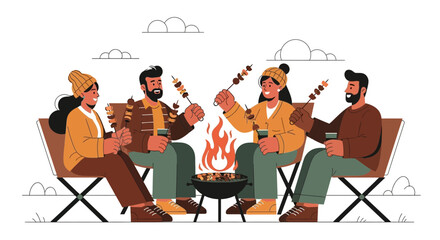 Friends Gathering Roasting Skewers And Toasting Drinks Around A Campfire For Fun