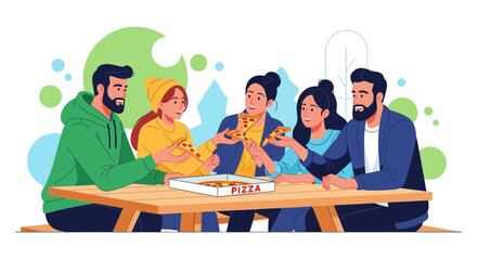 Friends Gathering Around Table, Sharing Pizza, Experiencing Cheerful Moment Together
