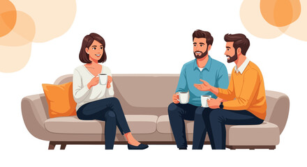 Friends Gathering Together Drinking Coffee While Relaxing On A Couch With Light Colors