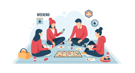Friends Gathering Together At Home Playing Board Games During The Weekend Holiday