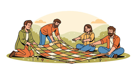 Friends Preparing a Picnic Blanket in a Park under a Blazing Sky, Ready for Fun