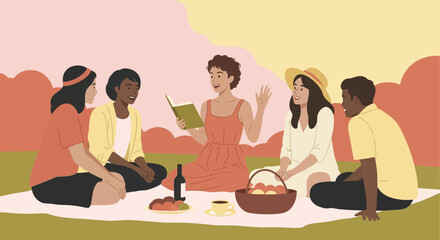 Friends Sharing Stories And Reading While Enjoying a Picnic Outdoors Together