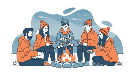 Friends roasting marshmallows around a campfire in a winter outdoor illustration