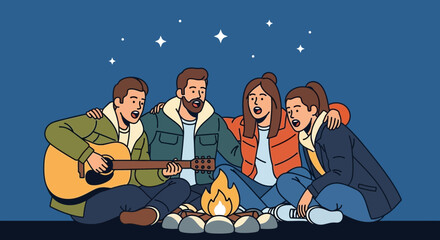 Friends singing and playing guitar around a campfire under the night sky adventure