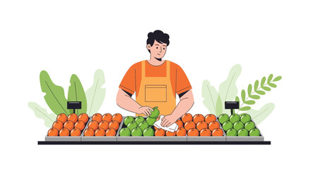Fruit Vendor Cleaning Fresh Apples And Oranges At The Local Farmers Market Illustration