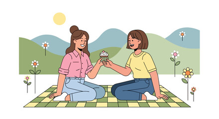 Friendship's Sweet Moment: Two Ladies Sharing Dessert During a Joyful Outdoor Picnic