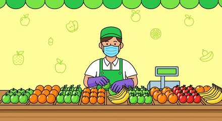 Fruit Vendor In A Protective Mask Arranging Fresh Merchandise, Offering Healthy Options Only