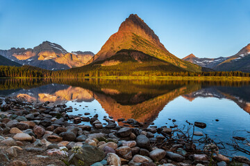 Crystal Clear Reflections of the Mountains on Swiftcurrent Lake, Many Glacier, Glacier National Park, Montana