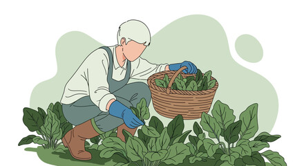 Gardener Harvesting Fresh Spinach From Lush Garden with Basket Ready For Market