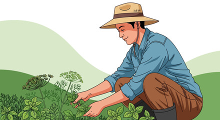 Gardener Harvesting Herbs In A Lush Garden, Illustrating Natural Farming and Organic Food