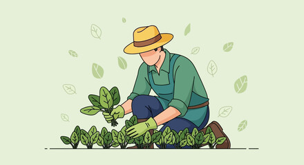 Gardener Harvesting Organic Spinach from a Lush Garden with a Straw Hat and Apron