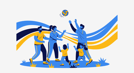Family Playing Volleyball Together In The Park With Fun, Great Time