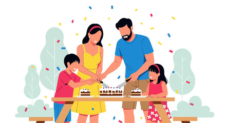 Family Rejoices Together as They Prepare To Cut A Festive Celebration Cake Together