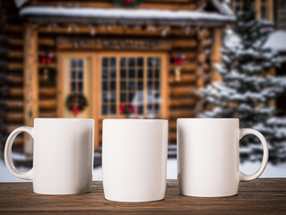 Three blank white mugs on a wooden table with a snowy log cabin decorated for Christmas in the background.