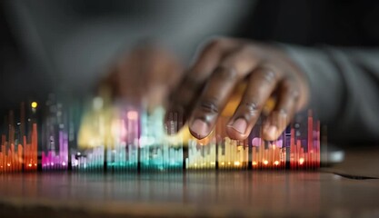 Close Up Of Dark Skinned Hands Adjusting Graphic Equalizer With Warm and Cool Colored Bars On Laptop Against Dark Background - Powered by Adobe