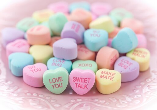 A pile of colorful heartshaped conversation candy hearts with romantic messages, perfect for valentines day