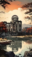 Ruined building, calm river