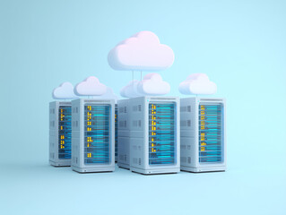 Modern cloud computing data center with server racks and cloud icons on a blue background.