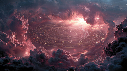 Mystical cosmic scene with a glowing zodiac wheel floating in the sky among dramatic clouds and stars. Esoteric and astrological symbolism of the universe and destiny.