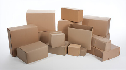 Stack of various sized brown cardboard boxes on a white background, ideal for shipping or moving concepts.