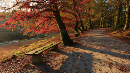 Scenic autumn park path lined with vibrant red and orange trees beside a calm river at sunset.